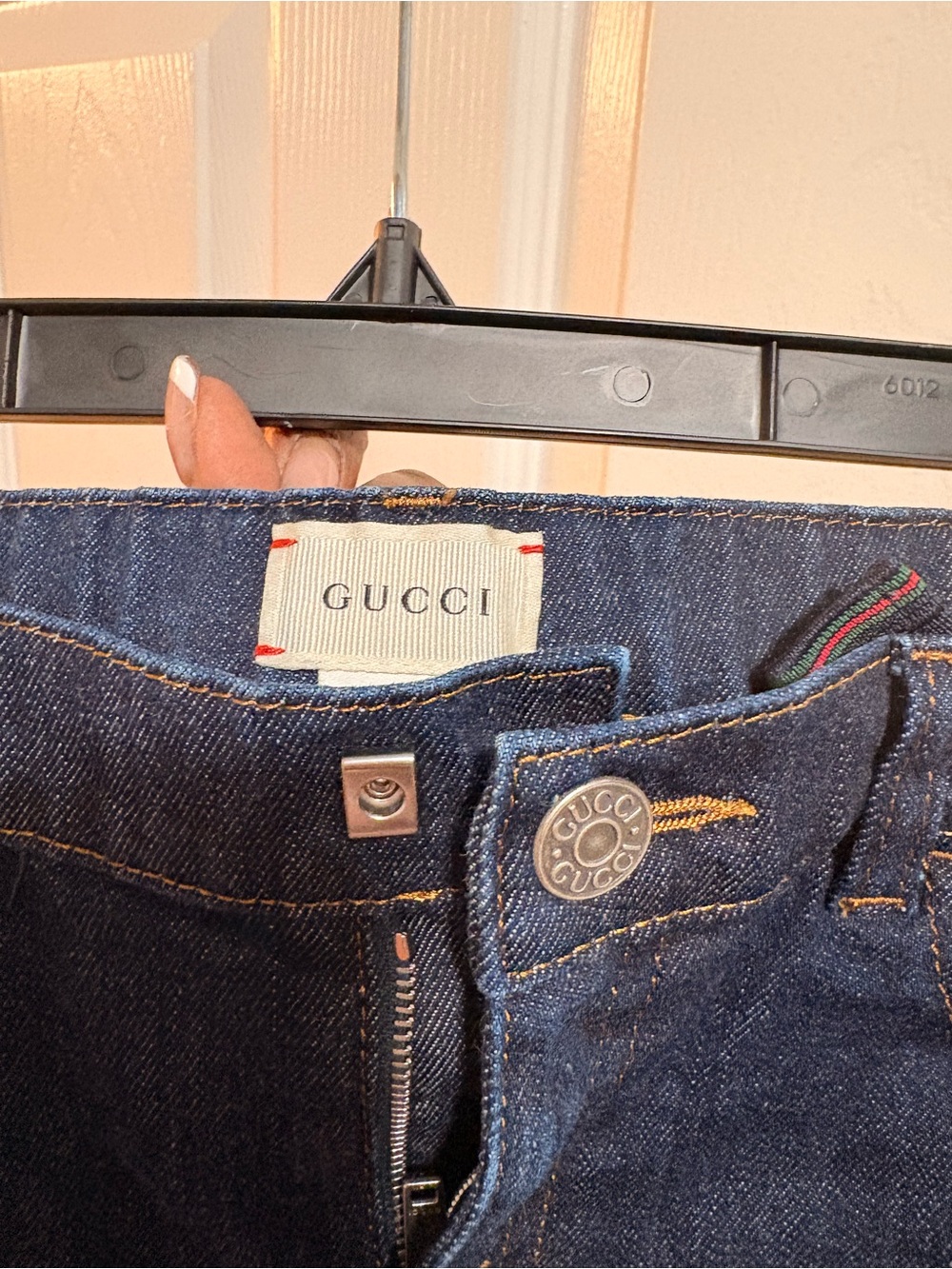 Authentic Gucci Dark Blue Denim Jeans with Branded Button and Red-Trim Label